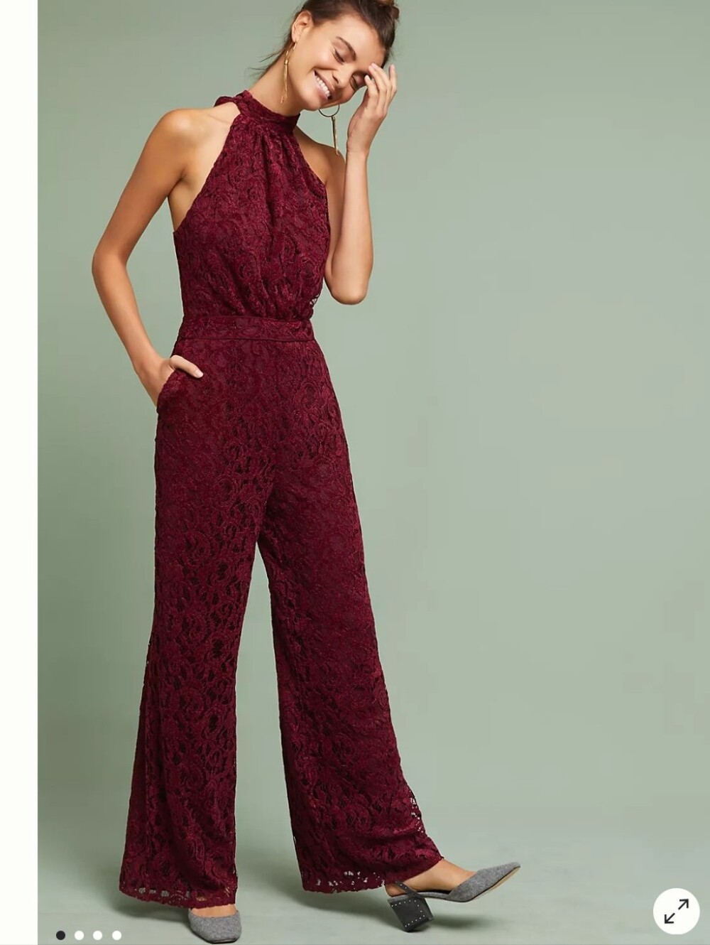 Anthropologie Ettwa Aida Lace Halter Wide Leg Jumpsuit Burgandy Fall Size 4
